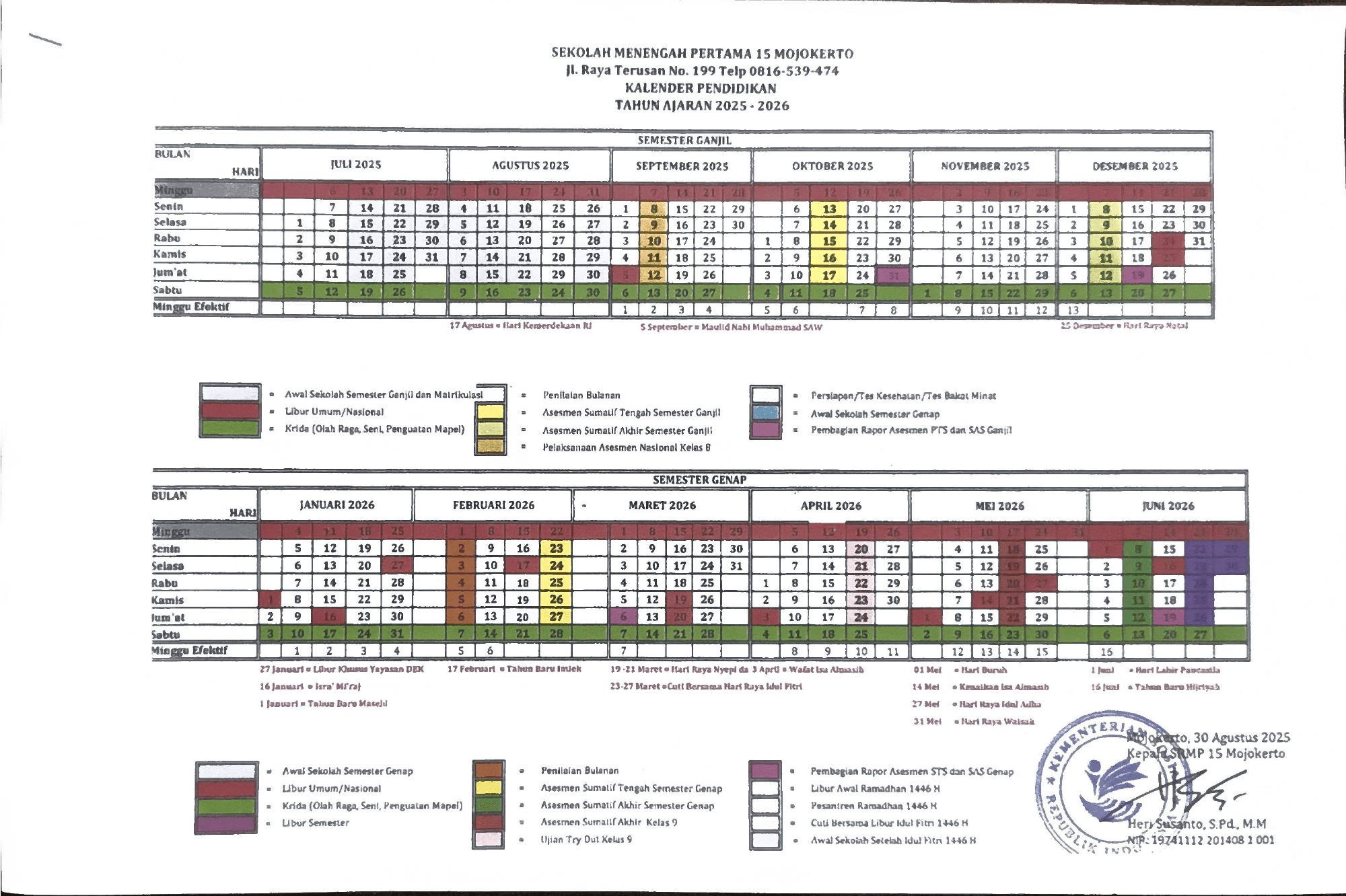 Halaman pertama Kalender Akademik SRMP 15 Mojokerto.