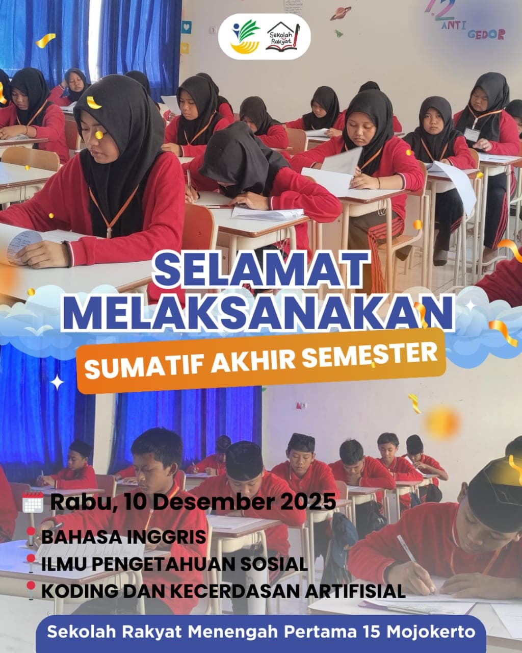 Poster pelaksanaan Sumatif Akhir Semester Ganjil SRMP 15 Mojokerto tanggal 10 Desember 2025.