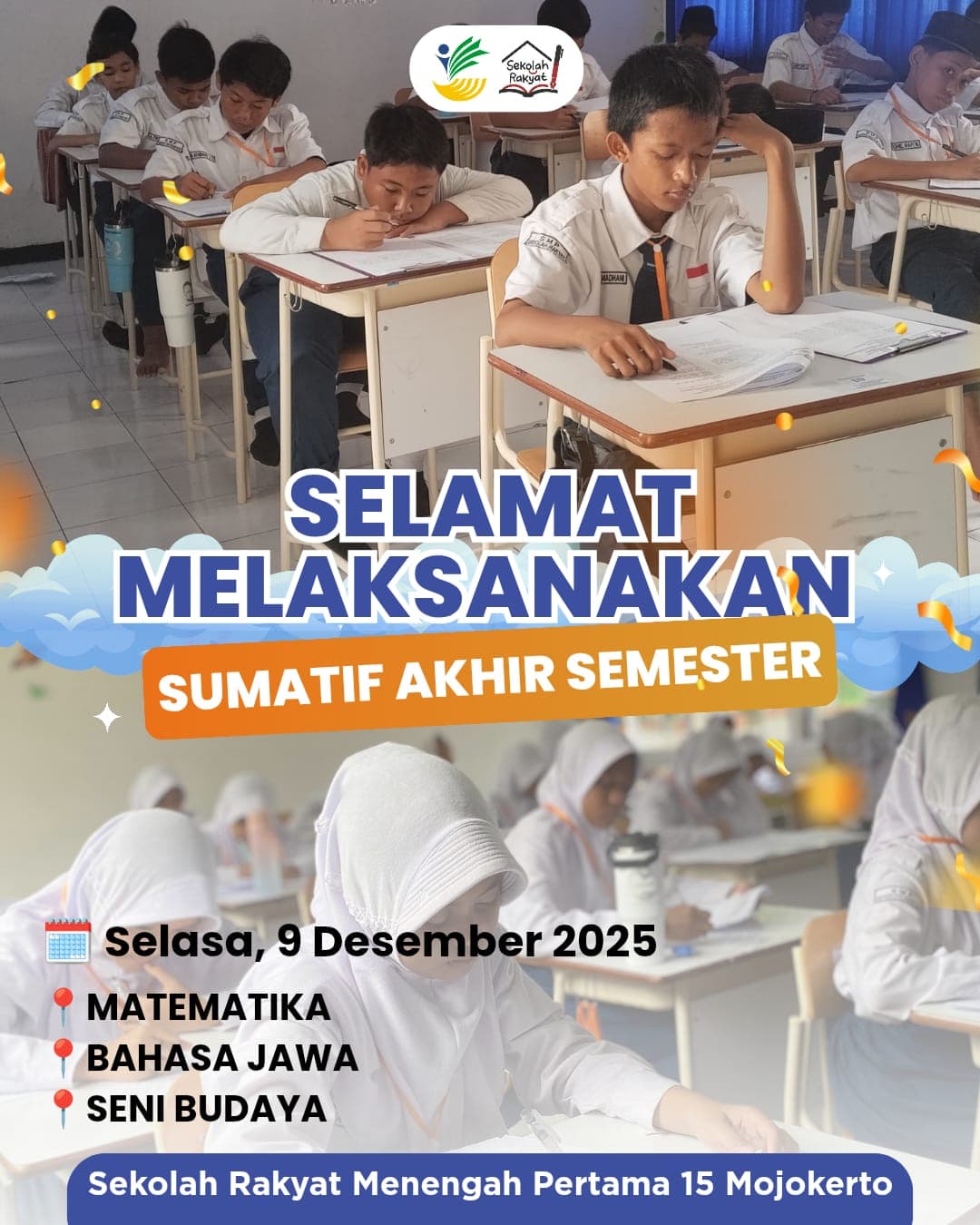Poster pelaksanaan Sumatif Akhir Semester Ganjil SRMP 15 Mojokerto tanggal 9 Desember 2025.
