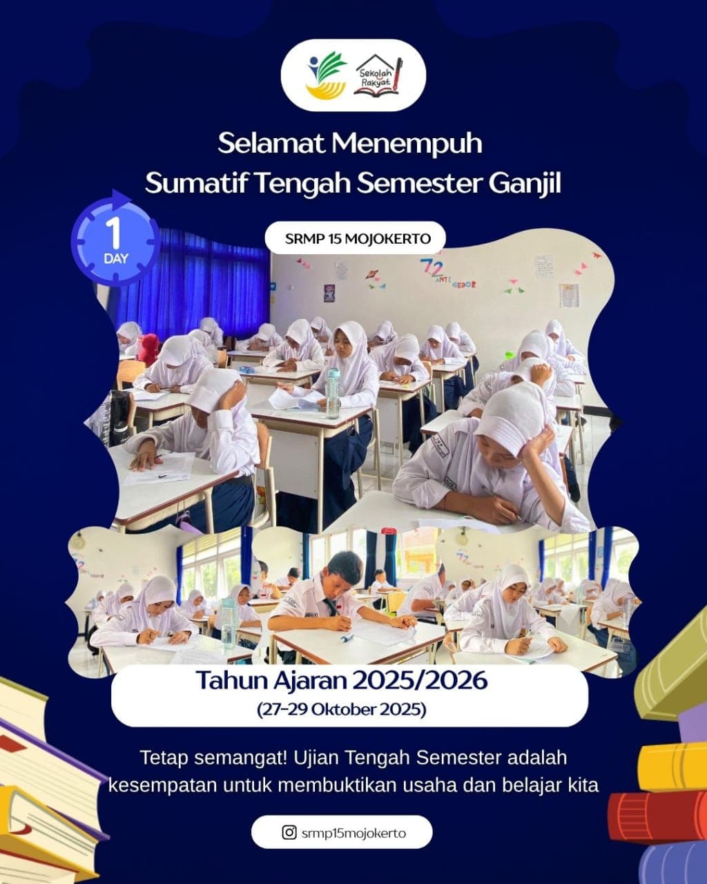 Poster pelaksanaan STS Ganjil SRMP 15 Mojokerto hari pertama pada 27 Oktober 2025.