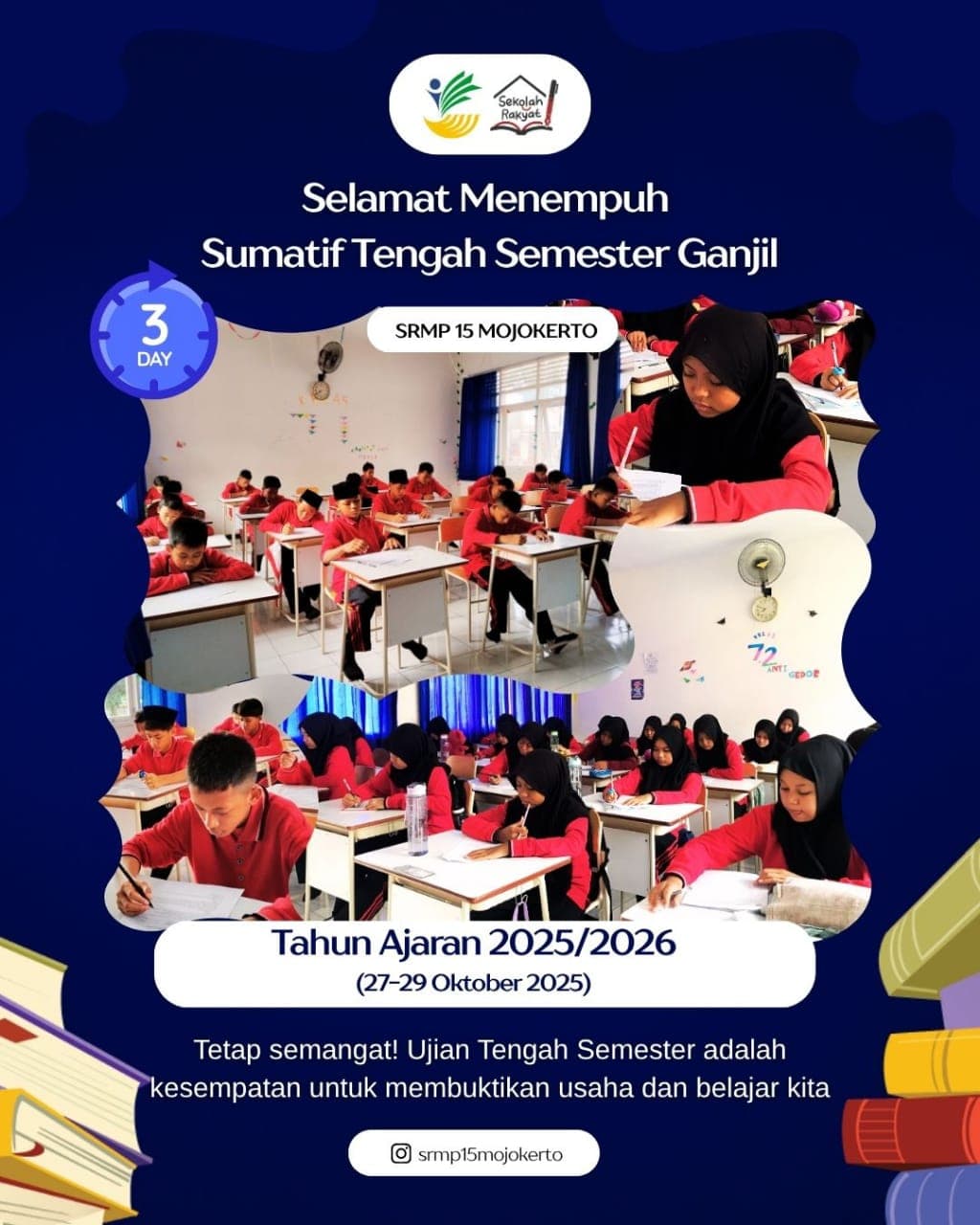 Poster pelaksanaan STS Ganjil SRMP 15 Mojokerto hari ketiga pada 29 Oktober 2025.