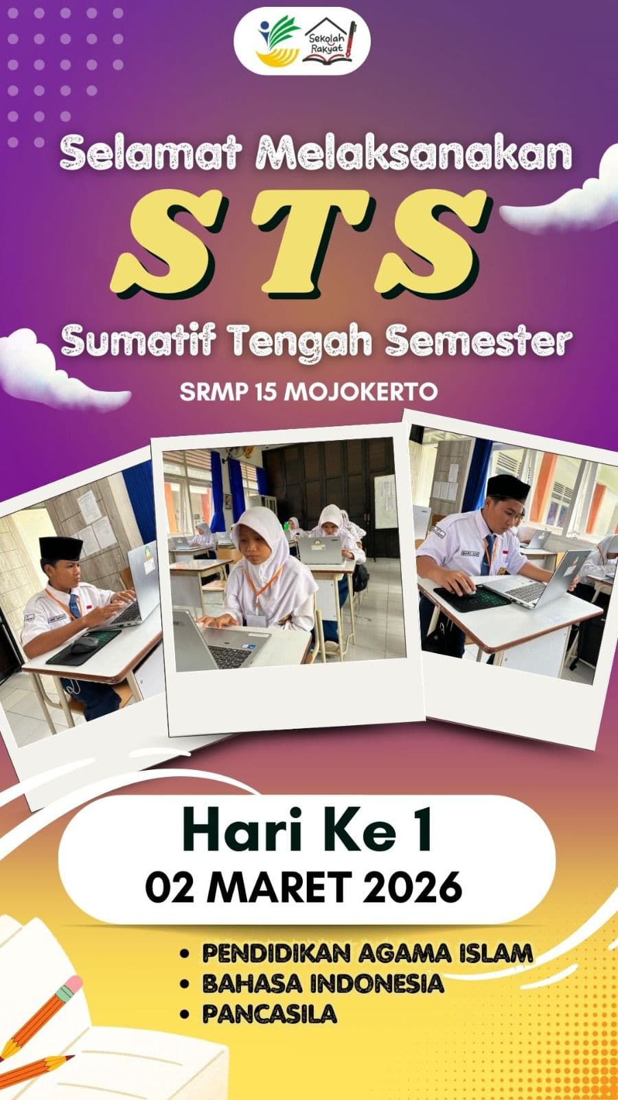Poster pelaksanaan STS Genap SRMP 15 Mojokerto hari pertama pada 2 Maret 2026.