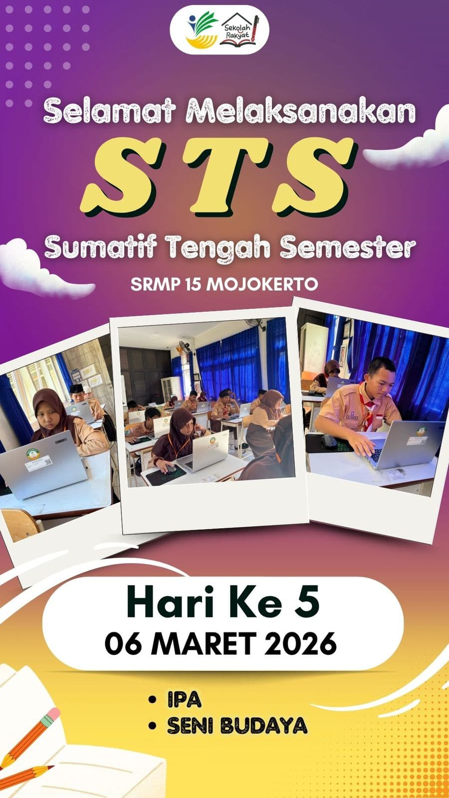 Poster pelaksanaan STS Genap SRMP 15 Mojokerto hari kelima pada 6 Maret 2026.