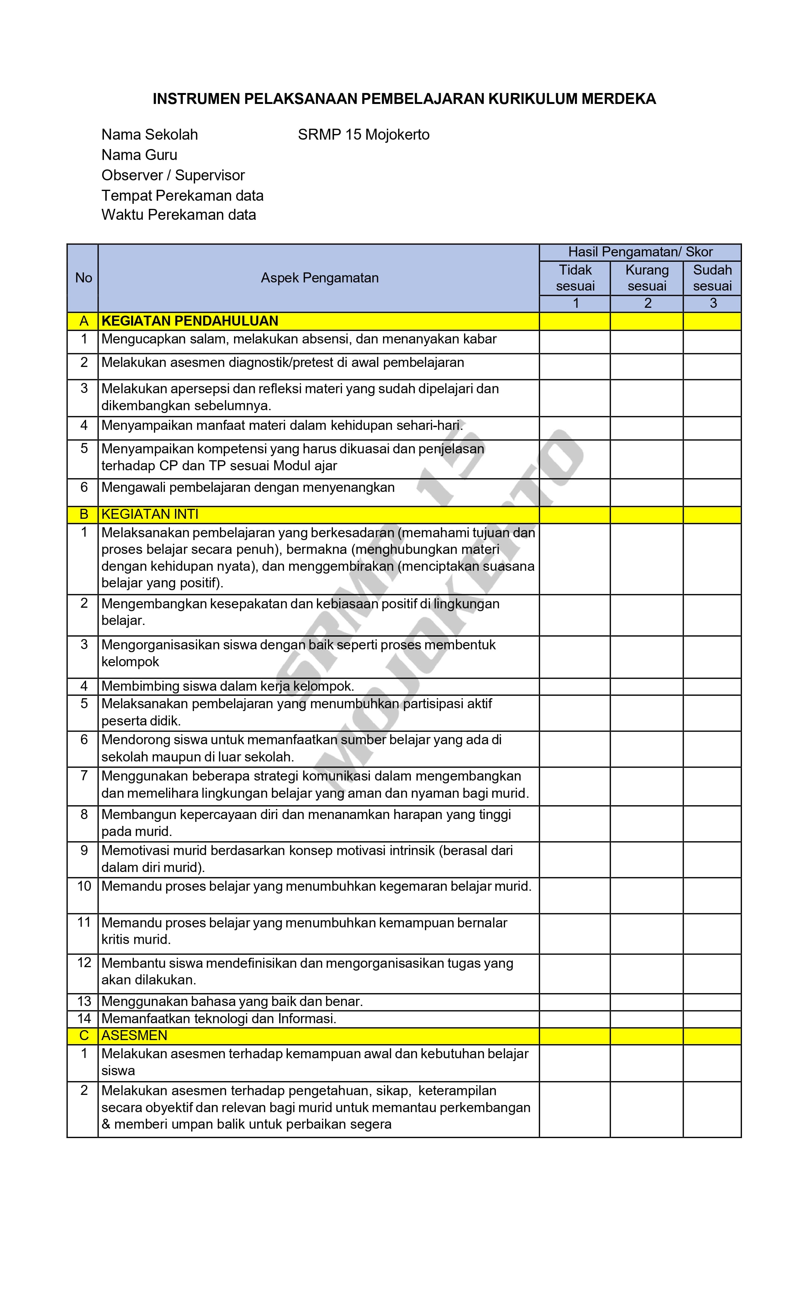 Instrumen supervisi akademik SRMP 15 Mojokerto halaman pertama.